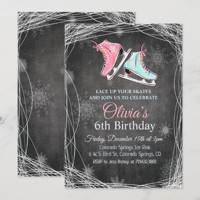 ALLA ÅLDER - CHALK Ice Skating Birthday-inbjudan Inbjudningar (Fram/baksida)