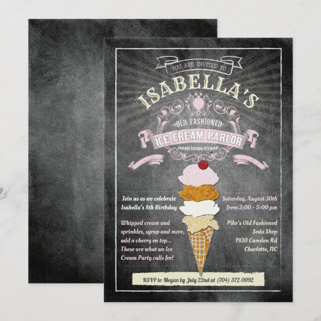 ALLA ÅLDER - Ice Cream Parlor Birthday-inbjudan Inbjudningar (Fram/baksida)