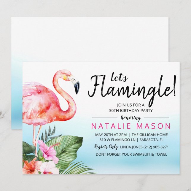 ALLA ÅLDER - Låt oss Flamingle Birthday-inbjudan Inbjudningar (Fram/baksida)