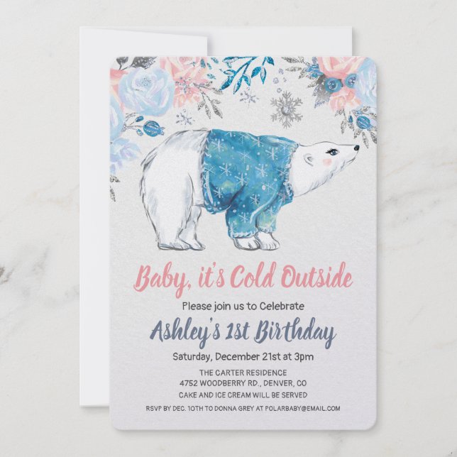 ALLA ÅLDER - Polar Bear Blommigt Birthday-inbjudan Inbjudningar (Framsida)