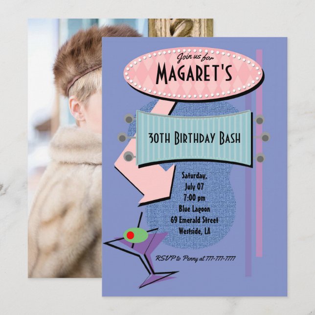 ALLA ÅLDER Retro Birthday Cocktail Party lägg till Inbjudningar (Fram/baksida)