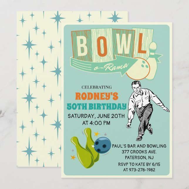 ALLA ÅLDER - Retro Bowling Födelsedagsinbjudan Inbjudningar (Fram/baksida)