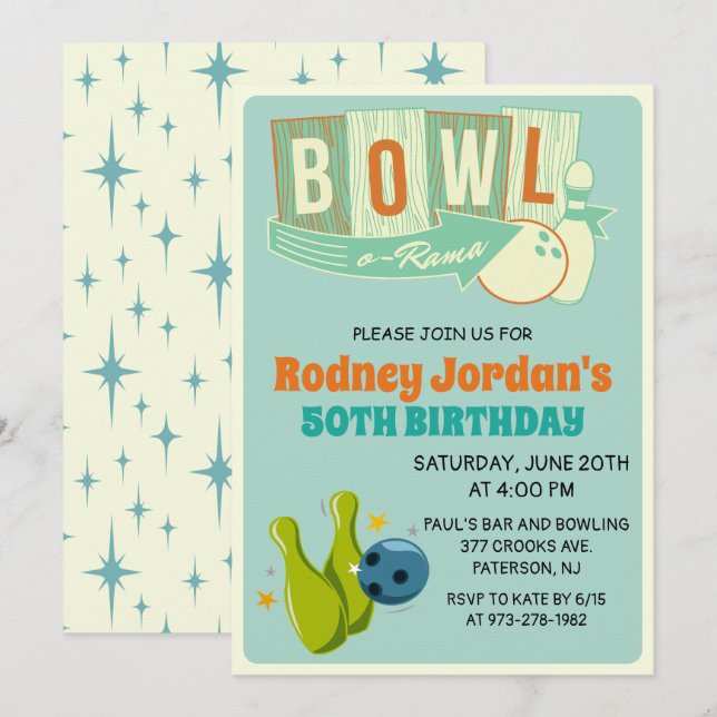ALLA ÅLDER - Retro Bowling Födelsedagsinbjudan Inbjudningar (Fram/baksida)