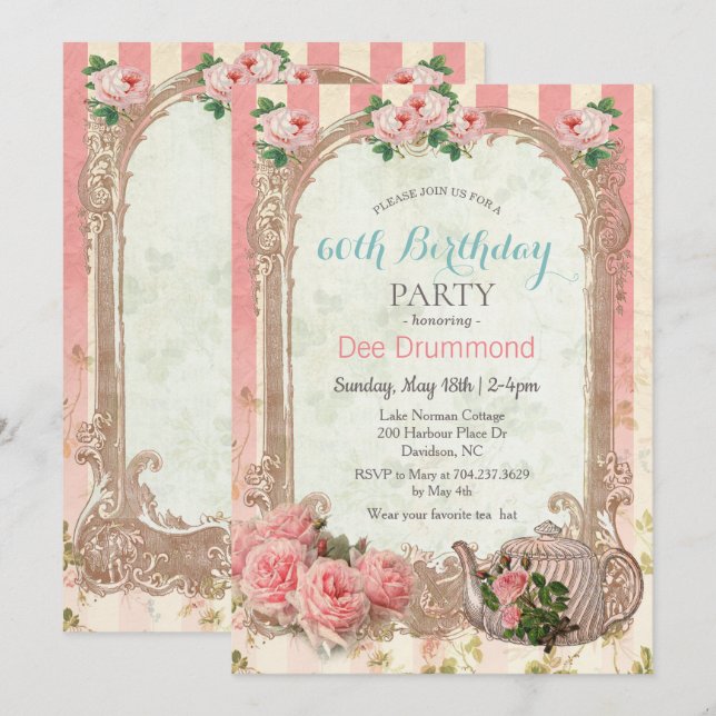 ALLA ÅLDER - Vintage Blommig Tebirthday-inbjudan Inbjudningar (Fram/baksida)