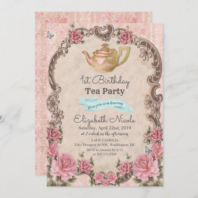 ALLA ÅLDER - Vintage Blommigt  Tea Birthday-inbjud Inbjudningar (Fram/baksida)