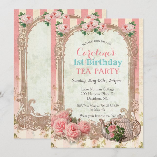 ALLA ÅLDER - Vintage Blommigt  Tea Birthday-inbjud Inbjudningar (Fram/baksida)
