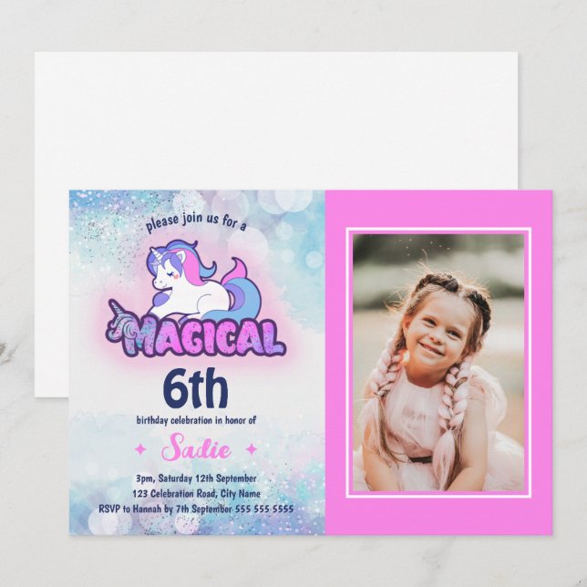 Alla ålders 6e Rosa Lila Unicorn Foto Birday Inbjudningar (Fram/baksida)