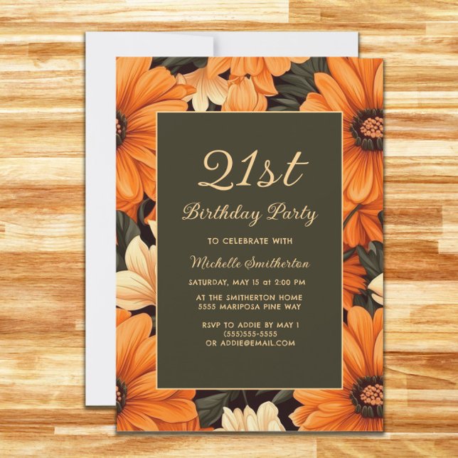 Alla ålders Orangar Blommor Brown Birthday Inbjudningar (Elegant orange flowers on brown birthday party invitation)