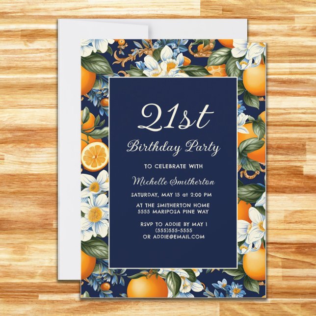 Alla ålders Orangar Vita blommor Blå födelsedag Inbjudningar (Oranges and white blooms on navy blue birthday party invitation for any age)