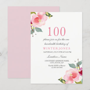 Alla ålders Rosa Blommigt 100 Födelsedagsfest Inbj Inbjudningar