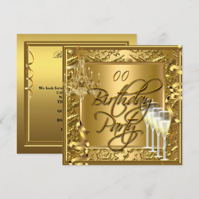 Alla åldersfirande Guld på Guld Champagne Inbjudningar (Fram/baksida)