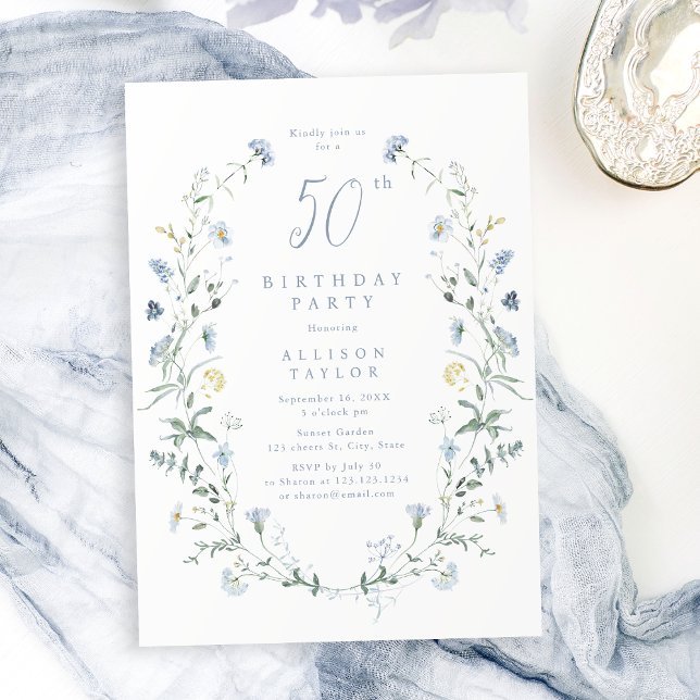 Alla åldrar Dusty Blue WildblomBoho 50:e födelseda Inbjudningar (Any Age Dusty Blue Wildflower Boho 50th Birthday Invitation)