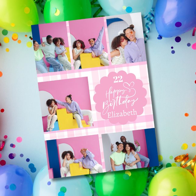 Alla åldrar Feminin Rosa 7 Fotokollaps födelsedag Hälsningskort (Skapare uppladdad)