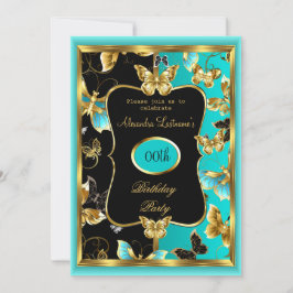 Alla åldrar Födelsedagsfest Teal Blue Guld Butterf Inbjudningar