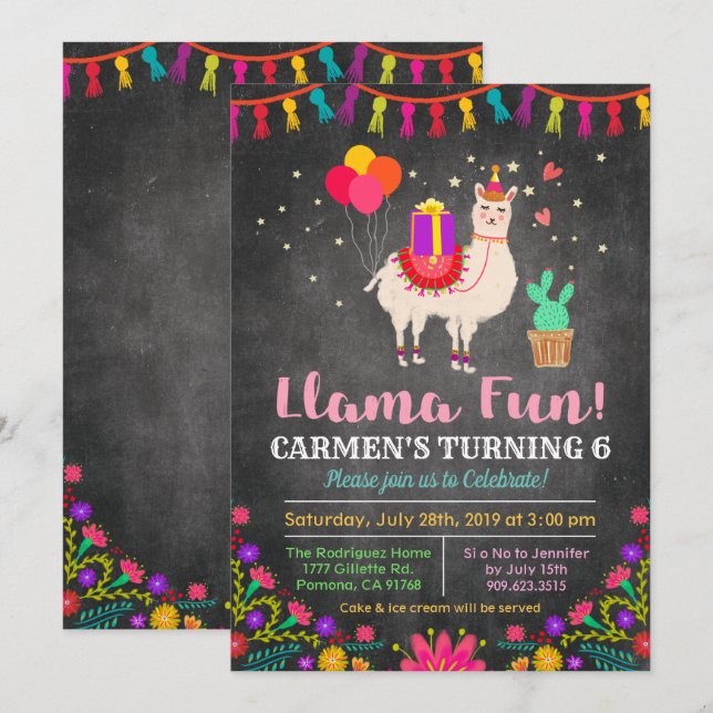 ALLA ÅLDRAR - Llama Blommig Födelsedagsinbjudan Inbjudningar (Fram/baksida)