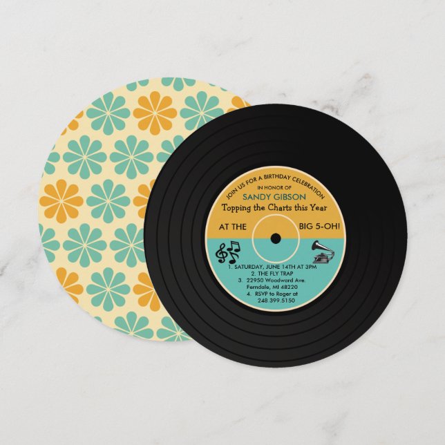 ALLA ÅLDRAR - Retro Vinylskiva Födelsedagsinbjudan Inbjudningar (Fram/baksida)