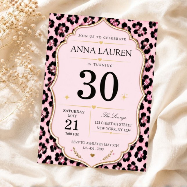 Alla åldrar Rosa Leopard Chic Djurtryck Födelsedag Inbjudningar (30th birthday invitation, pink leopard invite, animal print birthday, chic birthday invite, blush pi)