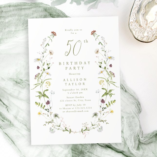 Alla åldrar Sage Wildblomma Rustic Boho 50:e födel Inbjudningar (Any Age Sage Wildflower Rustic Boho 50th Birthday Invitation)