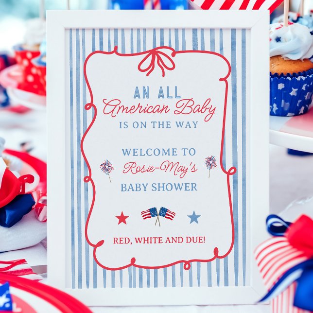 Alla Amerikanska Baby Shower Röda Blå Ränder Välko Poster (All American Baby Shower Red Blue Stripes Welcome Poster)