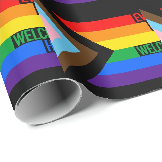 Alla är välkommen hit (Progress Pride)-Flagga Presentpapper (Rullad Hörn)