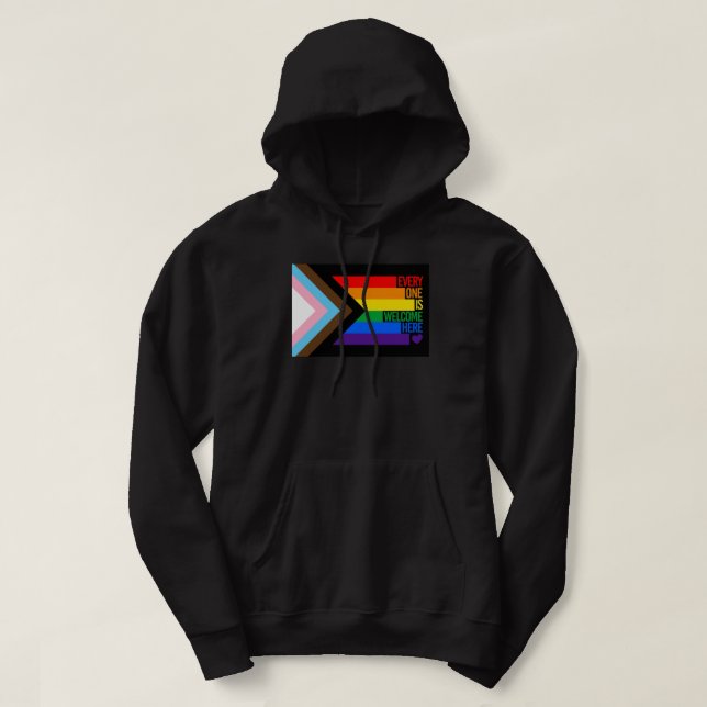 Alla är välkomna här (Progress Pride) Flagga Hoodie (Design framsida)