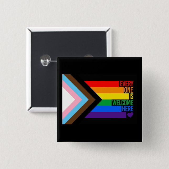 Alla är välkomna här (Progress Pride) Flagga Knapp (Framsida & baksida)