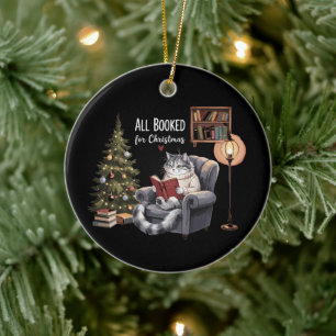 Alla bokade för jul bokig katt vinterläsning julgransprydnad keramik
