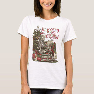 Alla Bokade För Jul Skelett Läsande Bok Konst T Shirt
