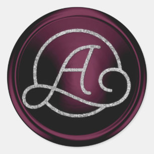 ALLA BOKSTÄVER Silvercirkelmonogram Mörk Plommon Runt Klistermärke