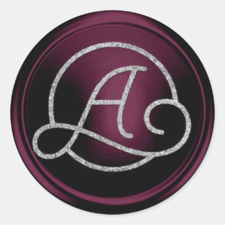 ALLA BOKSTÄVER Silvercirkelmonogram Mörk Plommon Runt Klistermärke
