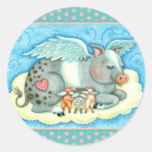 ALLA BRA SVIN GÅR TILL HEAVEN, CUTE GRIS ÄNGLAR RUNT KLISTERMÄRKE