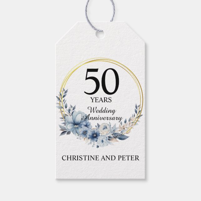Alla Bröllop (50) Elegant Blue Blommigt-årsdagen Presentetikett (Framsidan)