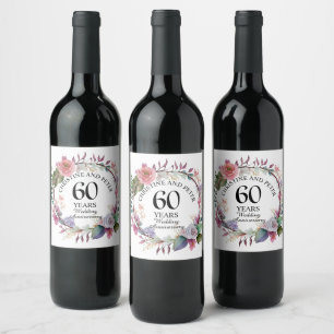 Alla Bröllop (60) Elegantens Blommigt-årsdag Vinflaska Etikett