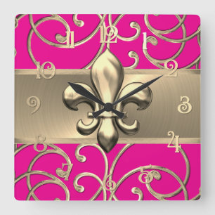 Alla Färg och Guld Filigree Swirls Fleur de Lis Fyrkantig Klocka