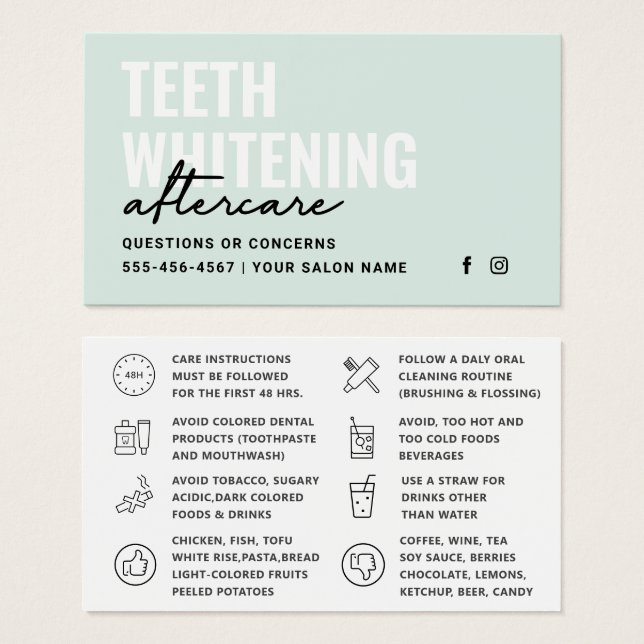 Alla Färg Teth Whitening Aftercare-instruktioner Visitkort (Framsida & baksida)