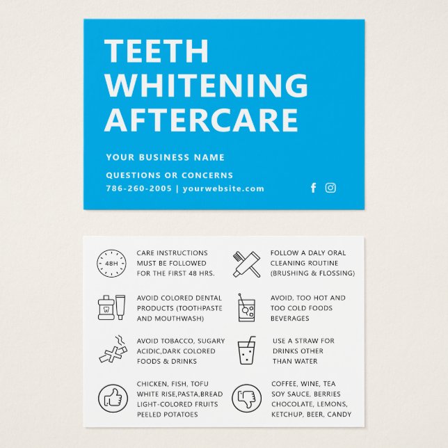 Alla Färg Teth Whitening Aftercare-instruktioner Visitkort (Framsida & baksida)