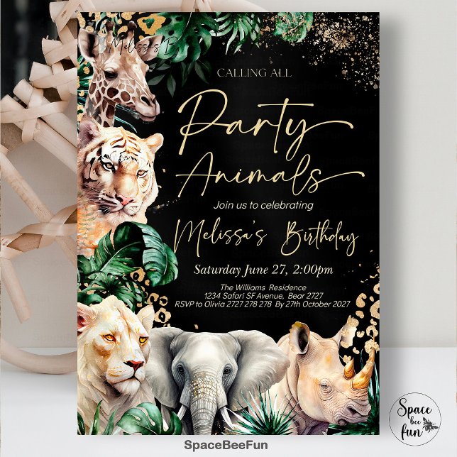 Alla festdjur kallade - Födelsedagsinbjudan Inbjudningar (Calling All,Party Animal,Birthday Invitation,Leopard Print, Jungle,white gold,Theme Safari,gold Safa)