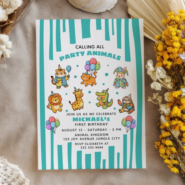 Alla festdjur utkommenderade ZOO Kids 1-årsfest Inbjudningar (Skapare uppladdad)