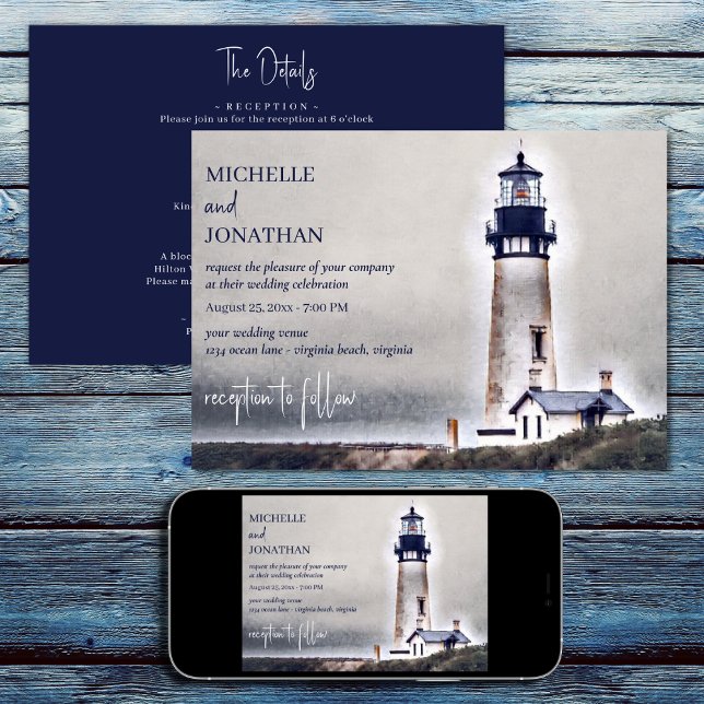 Alla fyr- och nautiska bågar i Bröllop Inbjudningar (Printed (Front and Back) and Digital - Lighthouse Nautical Beach All in One Wedding Invitation)