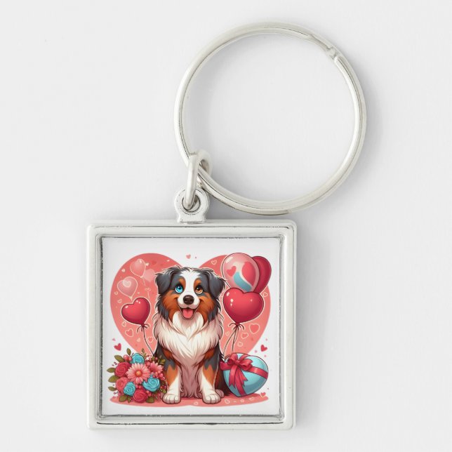 Alla hjärtans dag - Australian shepherd 2 - Fyrkantig Silverfärgad Nyckelring (Framsidan)