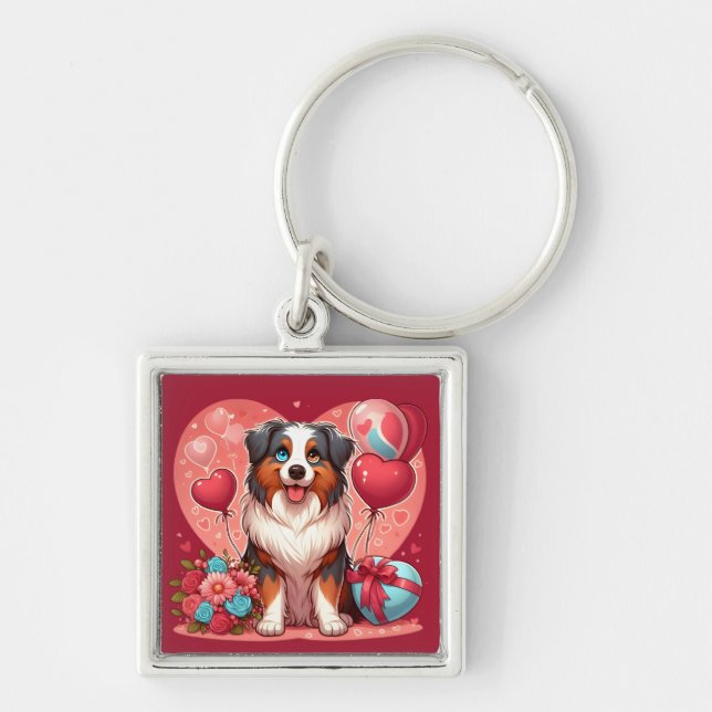 Alla hjärtans dag - Australian shepherd 2 - Fyrkantig Silverfärgad Nyckelring (Framsidan)
