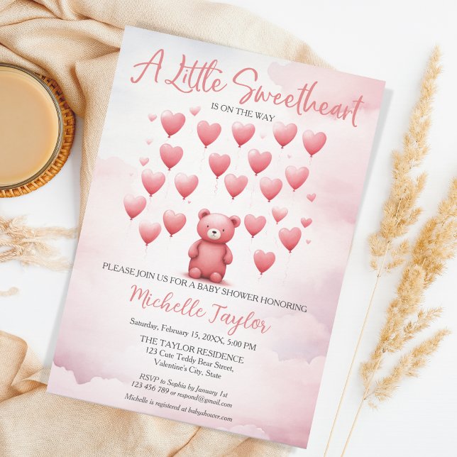 Alla hjärtans dag, barn - skugga av spöken inbjudningar (pink teddy bear with heart balloons)