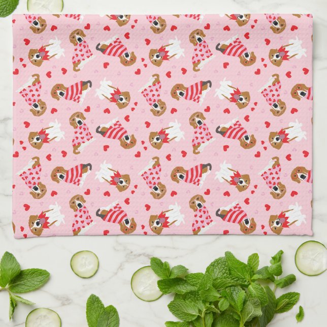 Alla hjärtans dag Beagle Hundar Kökshandduk (Vikta)