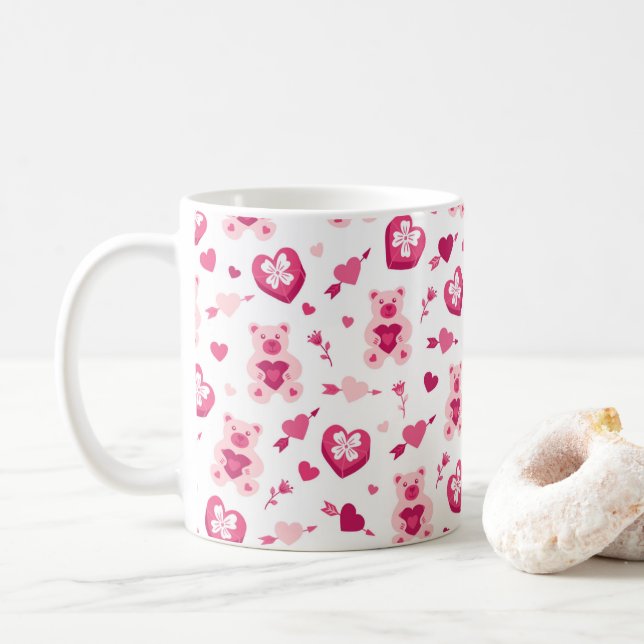 Alla hjärtans dag Bear Hearts Rosa Kärlek Mönster Kaffemugg (Med munk)