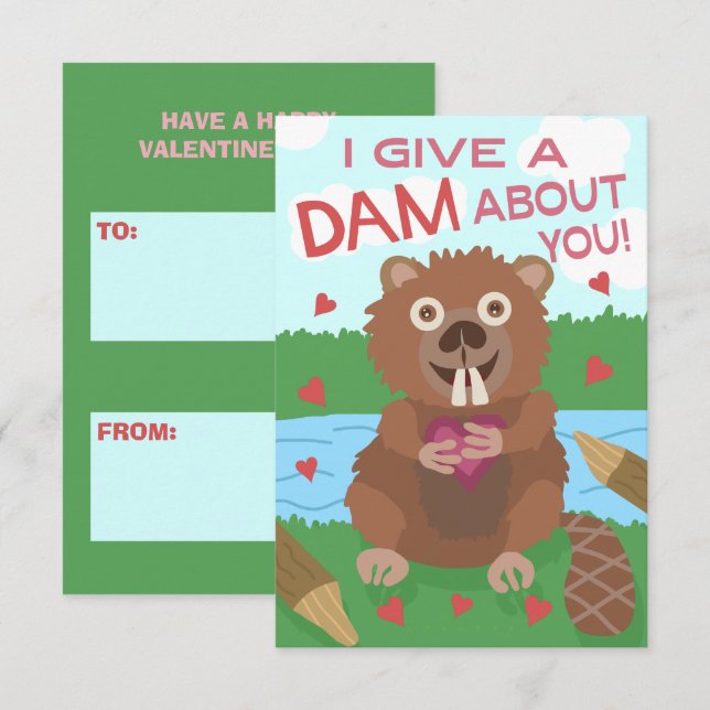 Alla hjärtans dag Beaver Funny Kids School Classro Kort (Fram/baksida)