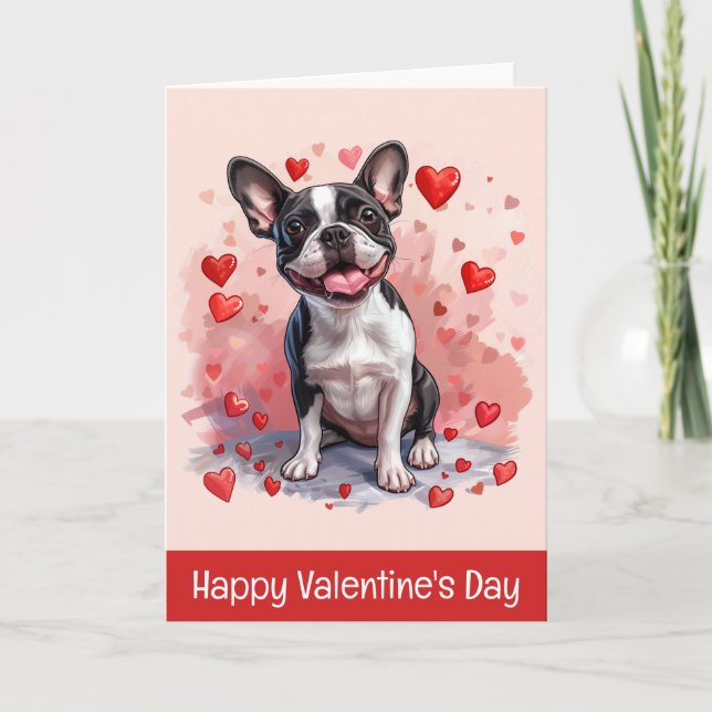 Alla hjärtans dag Boston Terrier Hund Helgkort (Framsida)