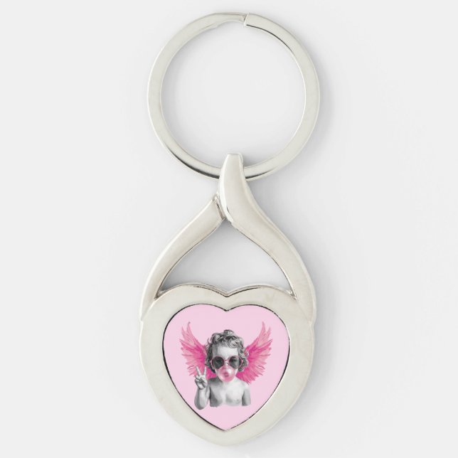 Alla hjärtans dag-bubbelblåsande Cupid Twisted Heart Silverfärgad Nyckelring (Framsidan)
