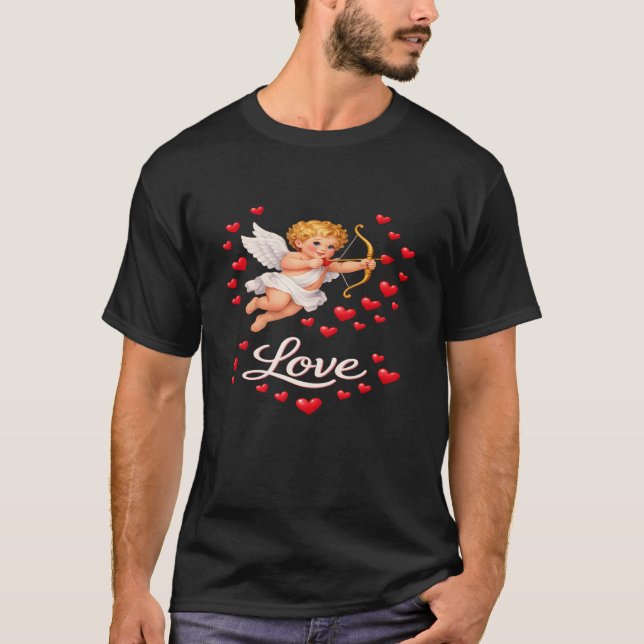 Alla hjärtans dag Cupid Kärlek Herr Svart T Shirt (Framsida)