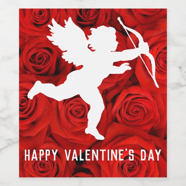 Alla hjärtans dag Cupid och Röd ros Vinflaska Etikett (Singel etikett)