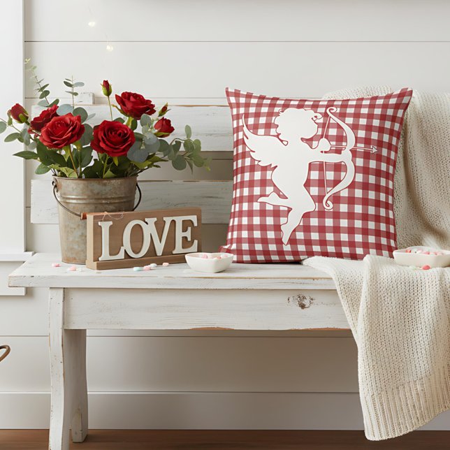 Alla hjärtans dag Cupid Röd och vit randig Gingham Kudde (Skapare uppladdad)